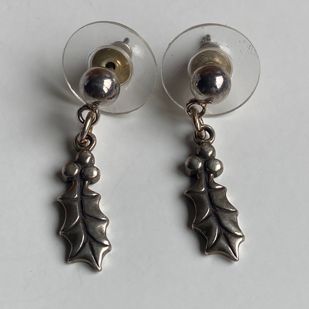 925 Sterling Silver Holly Leaf Drop Earrings - Silver Christmas vintage